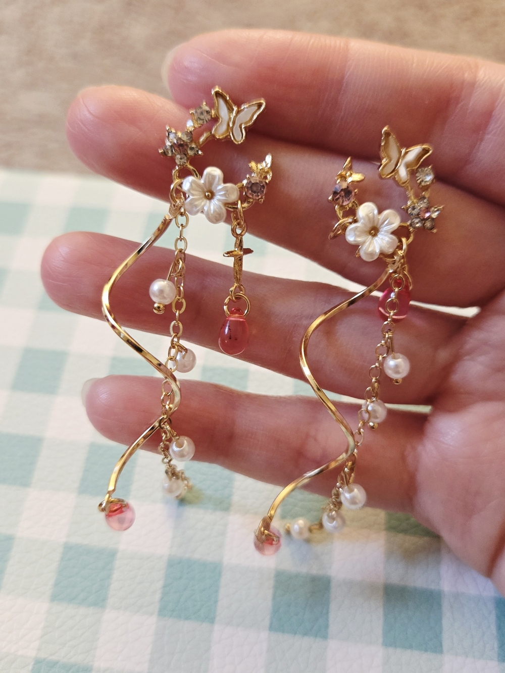 Gold Floral Butterfly Drop Earrings with Pink Accents